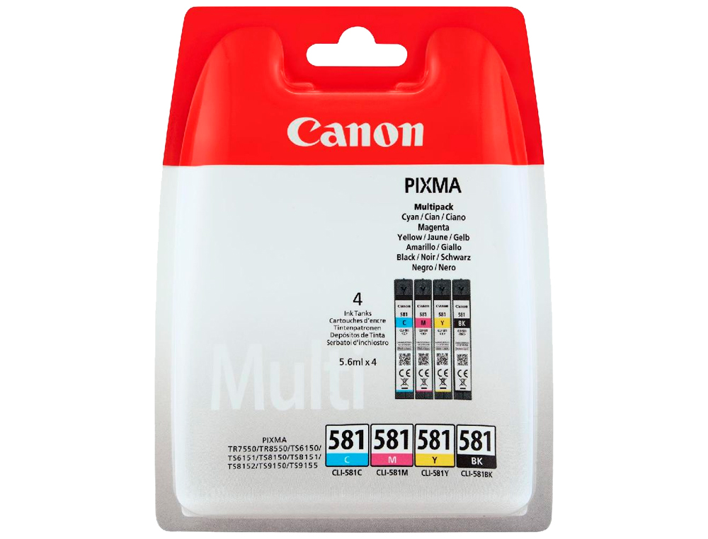 CANON - Ink-jet cli 581 pixma tr8550 / ts6250 / ts8250 / ts9150 / ts9550 pack 4 negro amarillo cian magenta 5,6 ml (Ref. 2103C005)