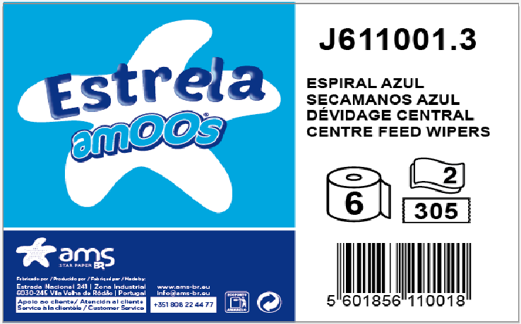 AMOOS - P.6 rollos secamanos azul 2 capas 100 metros dispensación central. 100% fibra pura (Ref.J6110013)