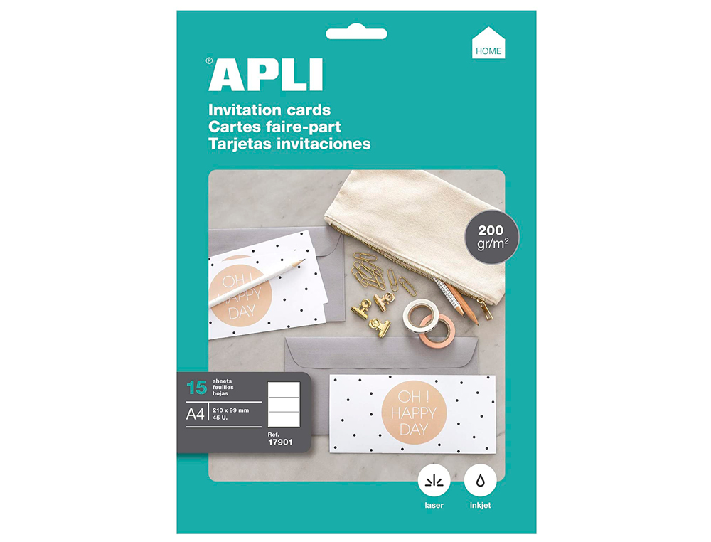 APLI - Tarjeta de visita invitacion hogar 210x99 mm 200 gr blanca bolsa de 15 hojas din a4 (Ref. 17901)