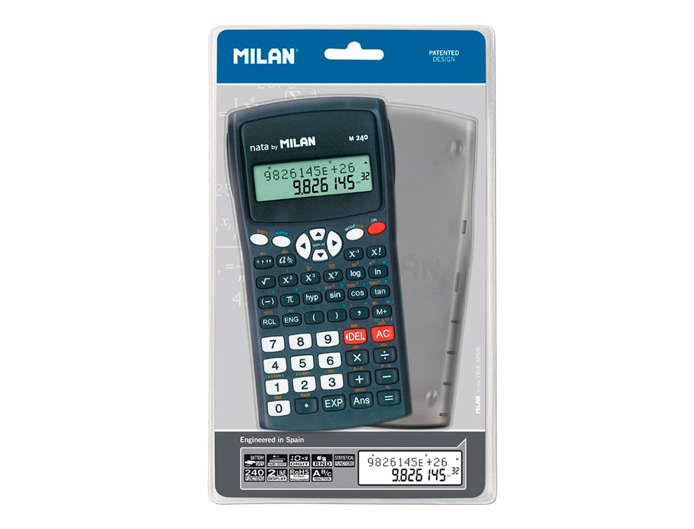MILAN - Calculadora cientifica m240 black 2 lineas 240 funciones 10+2 digitos color negra con tapa color gris (Ref. 159110KBL)