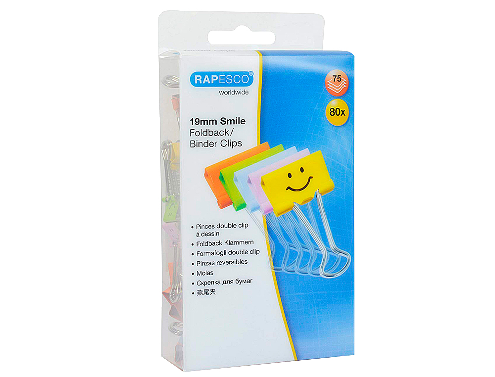 RAPESCO - Pinza metalica reversible 19 mm sonrisas colores surtidos cajita de 80 unidades (Ref. 1428)