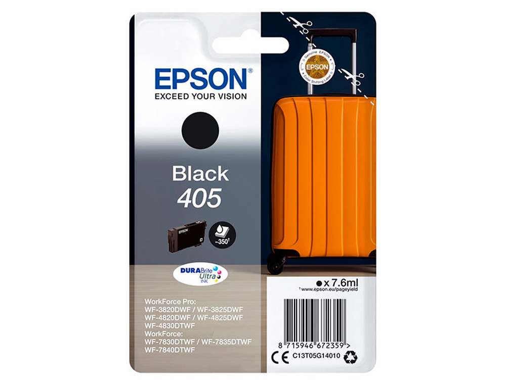 EPSON - Cartucho de inyección de tinta 405 wf-3820dwf / wf-4820dwf / wf-7830dtwf / wf-7840dtwf negro (Ref. C13T05G14010)