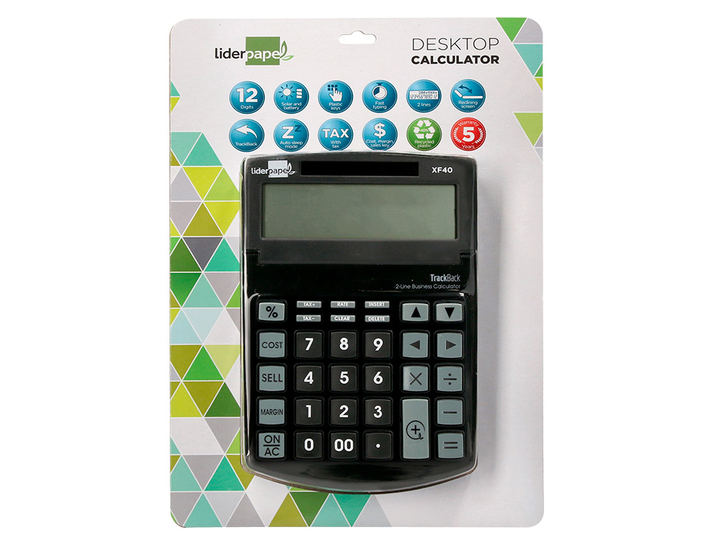 LIDERPAPEL - CALCULADORA SOBREMESA 12 DIGITOS SOLAR Y PILAS COLOR NEGRO 175X120X30mm - 40% RECICLADA (Ref.XF40)