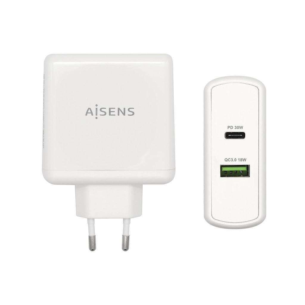 AISENS - CARGADOR 57W 1xUSB-C PD3.0 45W 1xUSB-A 5V/2.4A 12W BLANCO (Ref.ASCH-2PD45A-W)