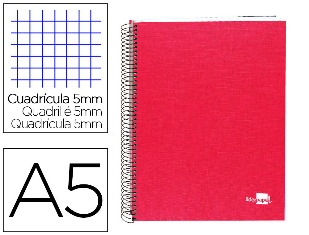 LIDERPAPEL - CUADERNO ESPIRAL A5 MICRO PAPERCOAT TAPA FORRADA 140H 75 GR CUADRO5MM 5 BANDAS 6 TALADROS ROJO (Ref.BJ26)