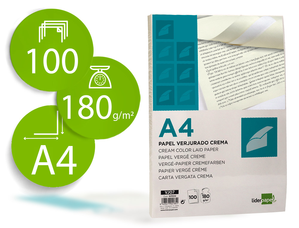 LIDERPAPEL - PAPEL VERJURADO A4 180G/M2 CREMA PAQUETE DE 100 HOJAS (Ref.VJ07)