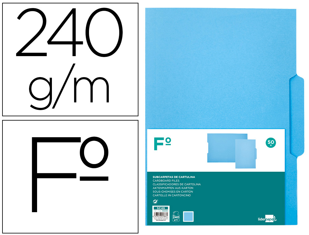 LIDERPAPEL - SUBCARPETA CARTULINA FOLIO PESTAÑA CENTRAL 240G/M2 AZUL (Ref.SC46)