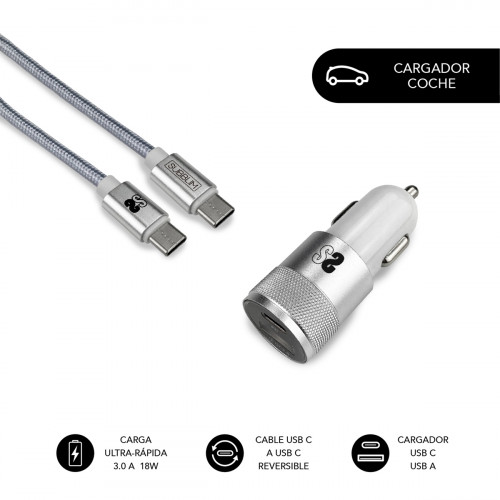 SUBBLIM - Cargador Ultra Rapido Coche 2xUSB PD18W+QC3.0 + Cable C to C Silver (Ref.SUB-CHG-5CPD01)