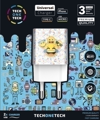 TECH ON TECH - CARGADOR DOBLE DE PARED EMOJITECH SMILE ALTO RENDIMIENTO 2,4A (Ref.TEC2502)