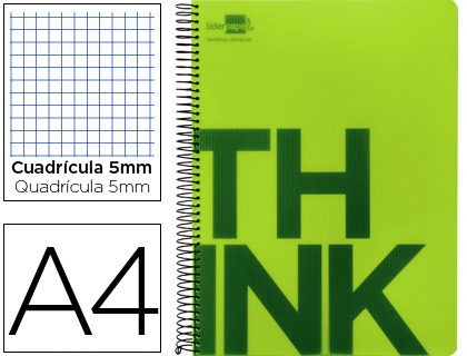 LIDERPAPEL - CUADERNO ESPIRAL A4 MICRO THINK TAPA PLASTICO 140H 80 GR CUADRO 5MM 5 BANDAS 4 TALADROS VERDE (Ref.BA17)