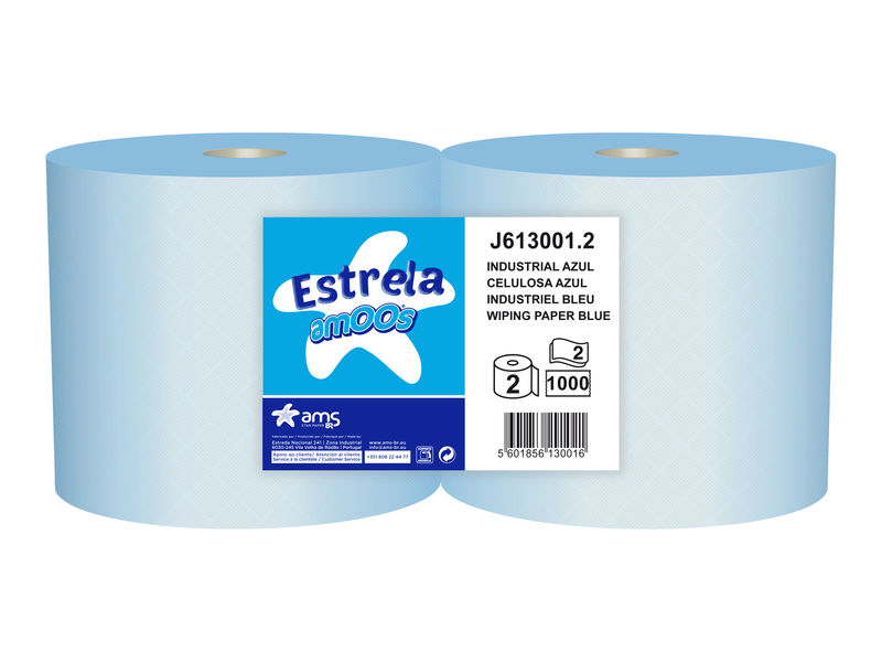 AMOOS - Papel Secamanos Industrial 2 bobinas azul 2capas 1.000 servicios 300 metros 100% fibra pura (Ref.J613001.2)
