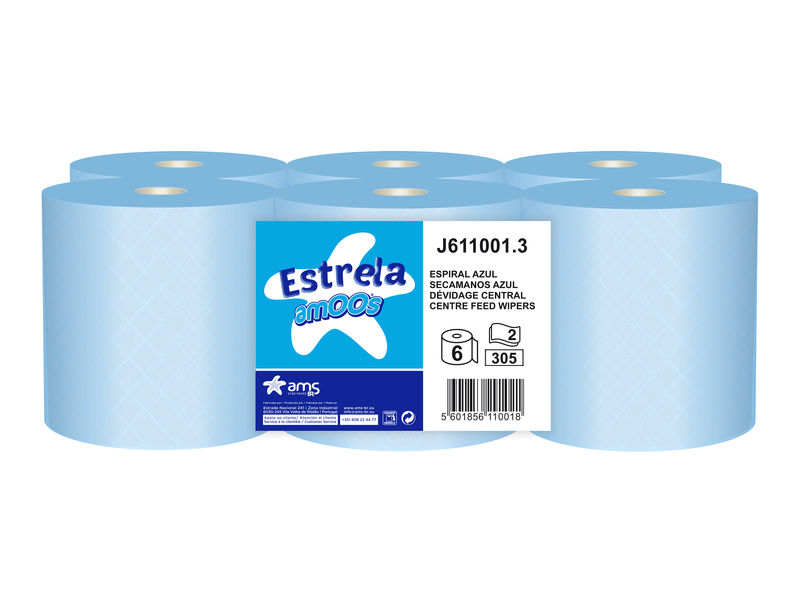 AMOOS - Papel Secamanos Pack 6 rollos azul 2 capas 100 metros dispensación central. 100% fibra pura (Ref.J611001.3)