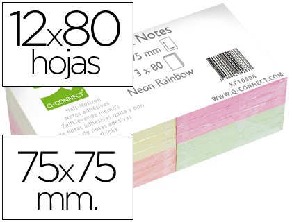 Q-CONNECT - BLOC DE NOTAS ADHESIVAS QUITA Y PON 75X75 MM CON 80 HOJAS FLUORESCENTES PACK DE 12 SURTIDAS EN 4 COLORES (Ref.KF10508)