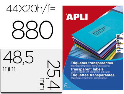 APLI - ETIQUETA ADHESIVA TRANSPARENTE 48,5X25,4 MM FOTOCOPIA LASER INKJET CAJA 20 HOJAS DIN A4 CON 880 (Ref.1223)