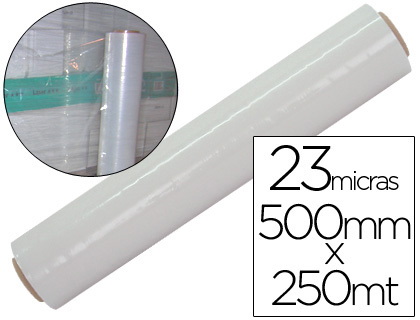 FILM EXTENSIBLE MANUAL BOBINA -ANCHO 500 MM. -LARGO 250 MT ESPESOR 23 MICRAS TRANSPARENTE (Ref.PLA0023022TR)