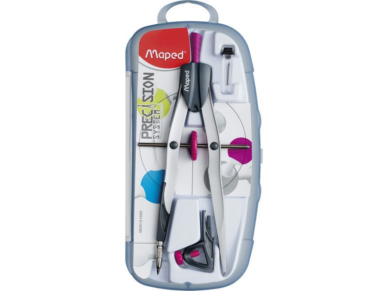 MAPED - Compases Precision System 4 piezas:1compas,1abrazadera,1bigotera + minas Colores surt. (Ref.291010)