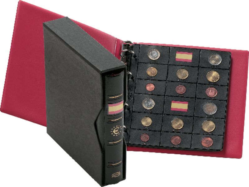 PARDO - FUNDA para ALBUM de MONEDAS EURO con ALMA OPACA NEGRA especial 16 aloj. + 2 banderas (Ref.75500)