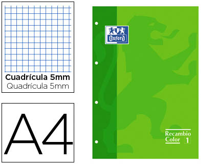 OXFORD - RECAMBIO COLOR DIN A4 80 HOJAS 90 GRS CUADROS 5 MM 4 TALADROS VERDE (Ref.100104037)