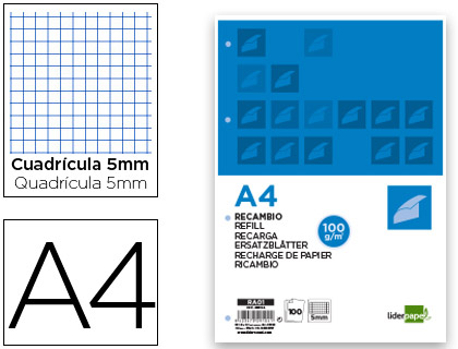 LIDERPAPEL - RECAMBIO A4 100 HOJAS 100G/M2 CUADRO 5MM CON MARGEN 4 TALADROS (Ref.RA01)