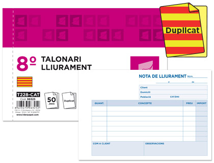 LIDERPAPEL - TALONARIO ENTREGAS 8º ORIGINAL Y COPIA T228 APAISADO TEXTO EN CATALAN (Ref.T228-CAT)