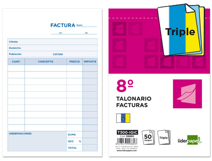 LIDERPAPEL - TALONARIO FACTURAS 8º ORIGINAL Y 2 COPIAS T300 CON I.G.I.C. (Ref.T300 IGIC)