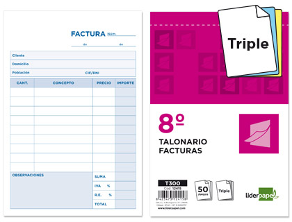 LIDERPAPEL - TALONARIO FACTURAS 8º ORIGINAL Y 2 COPIAS CON I.V.A. (Ref.T300)