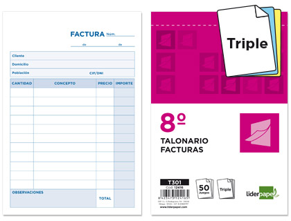 LIDERPAPEL - TALONARIO FACTURAS 8º ORIGINAL Y 2 COPIAS SIN I.V.A. (Ref.T301)