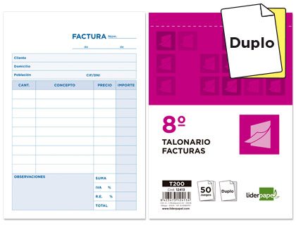 LIDERPAPEL - TALONARIO FACTURAS 8º ORIGINAL Y COPIA CON I.V.A (Ref.T200)