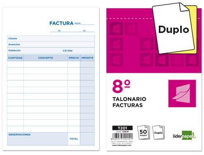 LIDERPAPEL - TALONARIO FACTURAS 8º ORIGINAL Y COPIA SIN I.V.A. (Ref.T201)