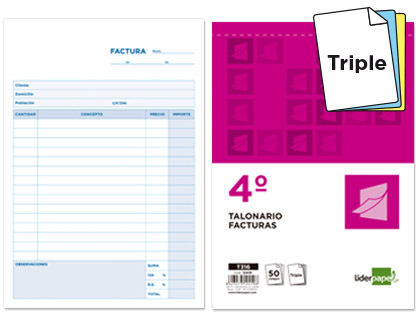 LIDERPAPEL - TALONARIO FACTURAS CUARTO ORIGINAL Y 2 COPIAS CON I.V.A. (Ref.T316)