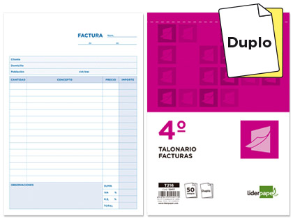 LIDERPAPEL - TALONARIO FACTURAS CUARTO ORIGINAL Y COPIA CON I.V.A. (Ref.T216)