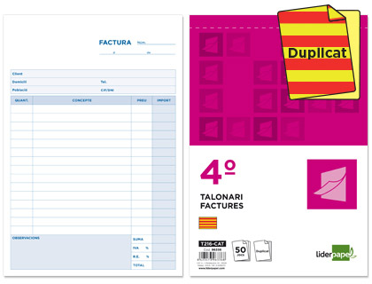 LIDERPAPEL - TALONARIO FACTURAS CUARTO ORIGINAL Y COPIA T216 CON I.V.A. TEXTO EN CATALAN (Ref.T216-CAT)