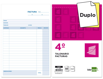 LIDERPAPEL - TALONARIO FACTURAS CUARTO ORIGINAL Y COPIA SIN I.V.A. (Ref.T217)