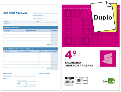 LIDERPAPEL - TALONARIO ORDEN DE TRABAJO CUARTO ORIGINAL Y COPIA (Ref.T255)
