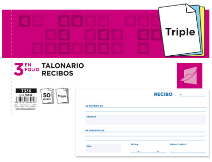 LIDERPAPEL - TALONARIO RECIBOS 3/Fº APAISADO ORIGINAL Y 2 COPIAS SIN MATRIZ (Ref.T336)