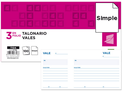 LIDERPAPEL - TALONARIO VALES TRES EN FOLIO 104 (Ref.T104)