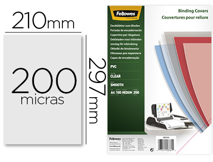 FELLOWES - Tapa de encuadernacion din A4 pvc transparente cristal 200 micras pack de 100 unidades (Ref. 5376102)