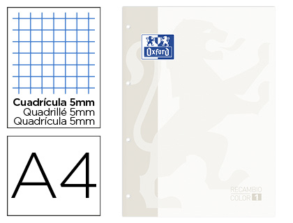 OXFORD - Recambio color din A4 80 hojas cuadro 5 mm 4 taladros blanco (Ref. 400121559)