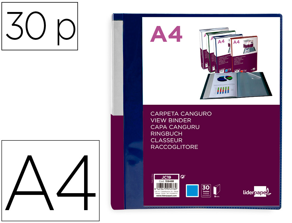 LIDERPAPEL - Carpeta 30 fundas canguro pp din A4 azul translucido portada y lomo personalizable (Ref. JC19)