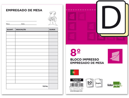 LIDERPAPEL - Talonario camarero octavo -sin iva- 202 duplicado-texto en portugues (Ref. T202-P)
