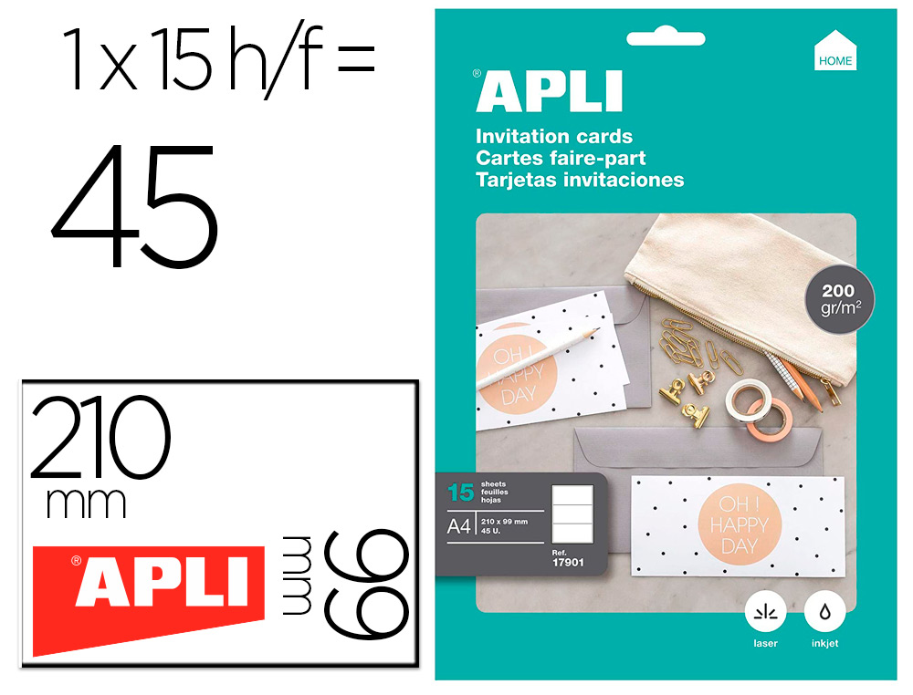 APLI - Tarjeta de visita invitacion hogar 210x99 mm 200 gr blanca bolsa de 15 hojas din a4 (Ref. 17901)